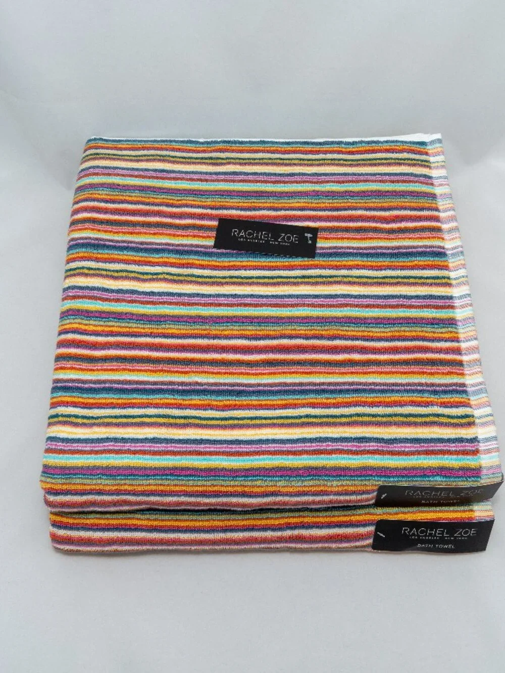 NWT Rachel Zoe Bath Towels Set of 2 Retro Multi Color Stripe Luxury Ribbed Boho